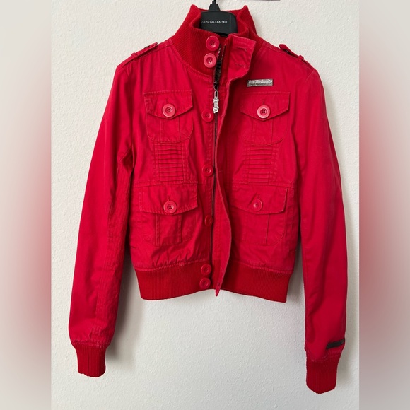 Live Mechanics Women’s Red Cotton Bomber Jacket (fits like Small) - Picture 2 of 10